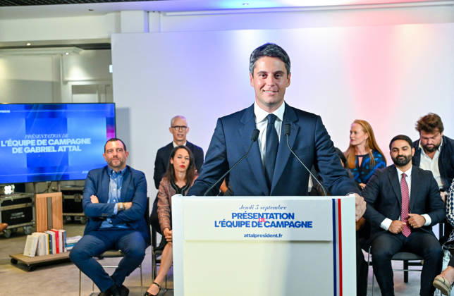 Gabriel Attal, secretary-general of the Renaissance party and candidate in the upcoming presidential election, speaks during a press conference to introduce his campaign team at the Renaissance headquarters in Paris, France, on September 3, 2026. Christian Liewig Bestimage. Gabriel Attal, General Secretary of the French centrist party Renaissance and candidate in the upcoming presidential election, during a press conference to present his campaign team at the Renaissance headquarters in Paris, France, on September 3, 2026. Paris, France. Copyright: xChristianxLiewigx xBestimagexChristianxLiewigx xBestimagex
