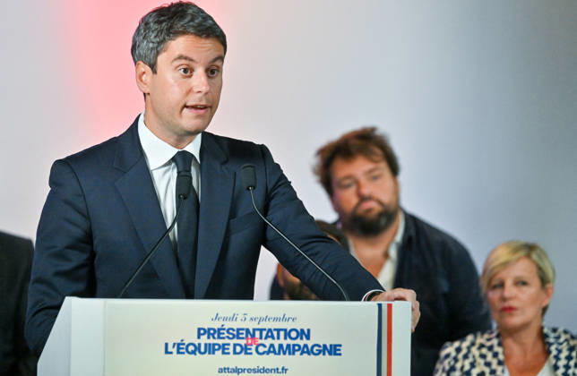 Gabriel Attal, secretary-general of the Renaissance party and candidate in the upcoming presidential election, speaks at a press conference to introduce his campaign team at the Renaissance headquarters in Paris, France, on September 3, 2026 Christian Liewig Bestimage General Secretary of the French centrist party Renaissance and upcoming presidential election candidate Gabriel Attal during a press conference to present his campaign team at the Renaissance headquarters in Paris, France, on September 3, 2026 Paris, France  Copyright: xChristianxLiewigx xBestimagexChristianxLiewigx xBestimagex