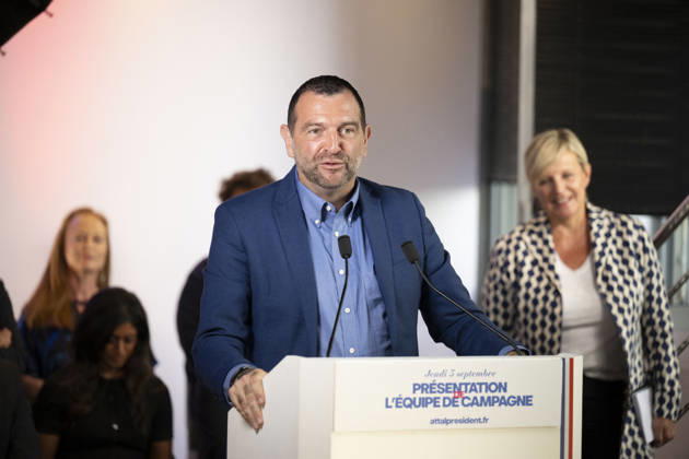Gabriel Attal Present His Campaign Team - Paris Jean Charles Orsucci during a press conference to present his campaign team (back) at the Renaissance headquarters in Paris on September 3, 2026. Photo by Eliot Blondet ABACAPRESS.COM Paris France France  Copyright: xBlondetxEliot ABACAx