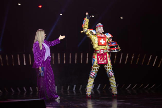Singer Beatrice EGLI and singer Tom ROWLAND in the costumes of the Glacier Express’s new TICK TACK train, The musical Starlight Express in Bochum features the Swiss Glacier Express TICK TACK as a new train in the show; Starlight Express Theater in Bochum, June 12, 2018