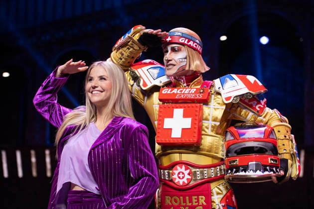 Singer Beatrice EGLI and singer Tom ROWLAND in the costumes of the Glacier Express’s new TICK TACK train, The musical Starlight Express in Bochum features the Swiss Glacier Express TICK TACK as a new train in the show; Starlight Express Theater in Bochum, June 12, 2018