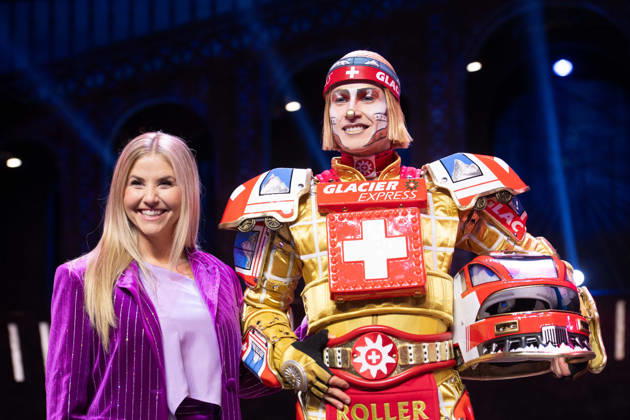 Singer Beatrice EGLI and singer Tom ROWLAND in the costumes of the Glacier Express’s new TICK TACK train, The musical Starlight Express in Bochum features the Swiss Glacier Express TICK TACK as a new train in the show; Starlight Express Theater in Bochum, June 12, 2018