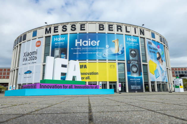 Highlights from IFA 2026 in Berlin, Germany, on September 3, 2026. 3D IFA logo at the entrance to Messe Süd.