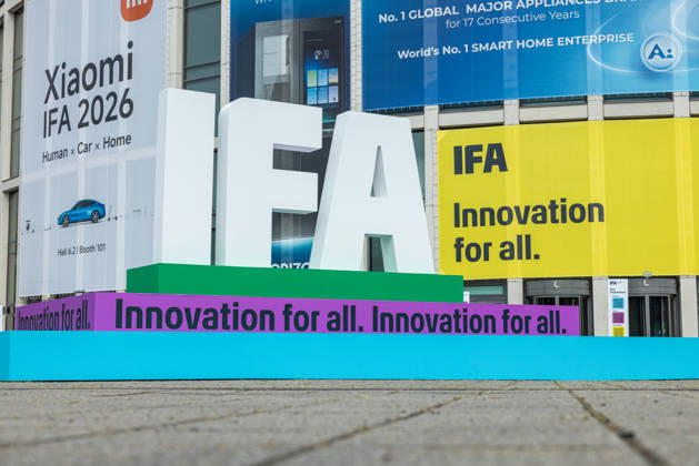 Highlights from IFA 2026 in Berlin, Germany, on September 3, 2026. 3D IFA logo at the entrance to Messe Süd.