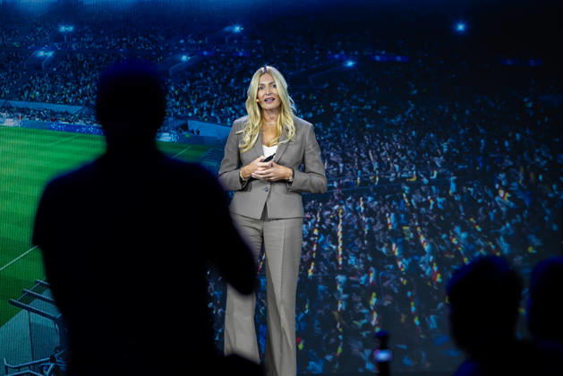 Hisense Press Conference at IFA Germany, Berlin, September 3, 2026. Alenka Potpcnik Anazic, Marketing Director at Hisense Europe—whose name is pronounced ÖPotoschnik Anschesch™ —stands on stage in front of the audience during Hisense’s presentation on global consumer electronics and home appliances.