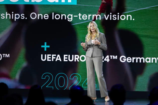 Hisense Press Conference at IFA in Germany, Berlin, September 3, 2026. Alenka Potpcnik Anazic, Marketing Director at Hisense Europe—whose name is pronounced ÖPotoschnik Anschesch™ —stands on stage in front of the audience during Hisense’s presentation on global consumer electronics and home appliances.