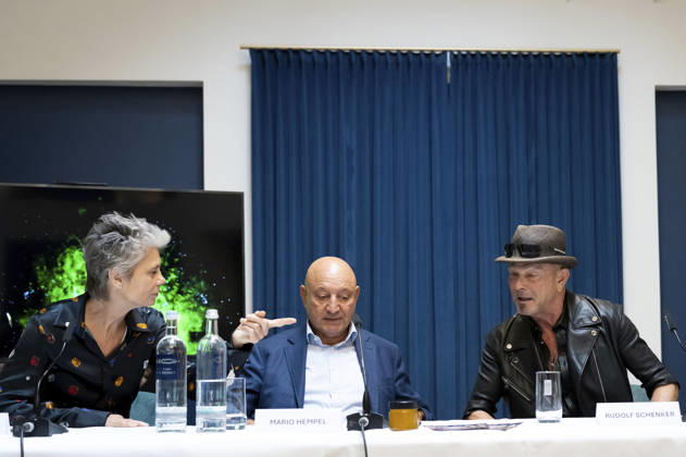 Sarah Wiener, Mario Hempel, and Rudolf Schenker at the press conference marking the 20th anniversary of the Pyronale in the atrium of the Hotel Luc Berlin, September 3, 2026 Foto:xGeisler-Fotopress Elmenthalerx geislerfp_pk_pyronale_4625