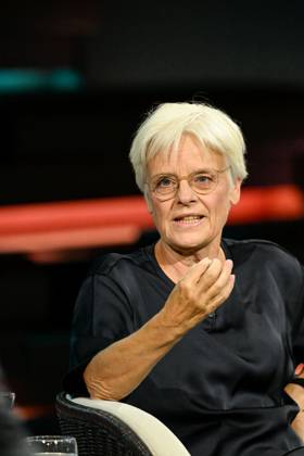 Ulrike Herrmann, Journalist, September 26, 2026; Ulrike Herrmann appeared on September 2, 2026, on *Markus Lanz*, ZDF TV, talk show, Germany, German, man, German woman, journalism, female journalist, *taz*, German, sitting upright, speaking, gesturing