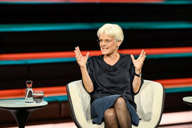 Ulrike Herrmann, Journalist, September 26, Ulrike Herrmann on September 2, 2026, on *Markus Lanz*, ZDF TV, talk show, Germany, German, man, German woman, journalism, female journalist, *taz*, sitting sideways, speaking, gesturing