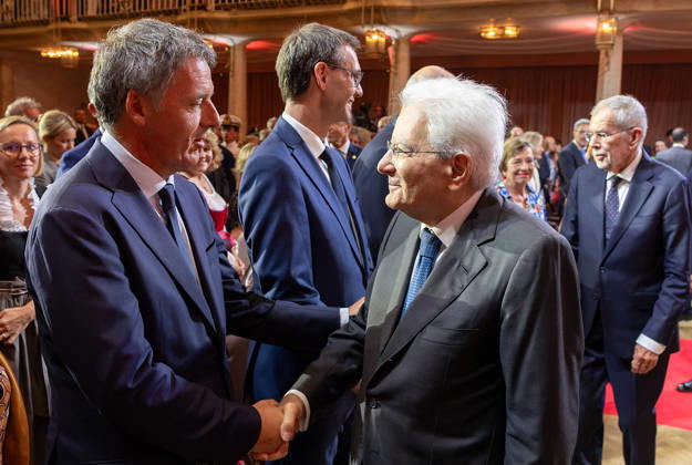 September 5, 2026, Merano, Rome, Italy: President Sergio Mattarella greets Matteo Renzi at the end of the ceremony marking the Day of Autonomy, Merano, 5 September 2026. Merano Italy  - ZUMAa289 20260905_zia_a289_014 Copyright: xPaoloxGiandottix xAgfx
