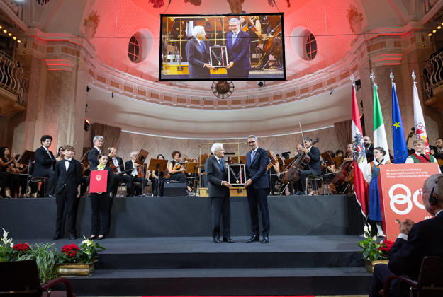 September 5, 2026, Merano, Rome, Italy: President Sergio Mattarella receives the honor of Grand Order of Merit of the Autonomous Province of Bolzano from the President of the Autonomous Province of Bolzano during the ceremony on the occasion of the Day of Autonomy , Merano, 5 September 2026. Merano Italy  - ZUMAa289 20260905_zia_a289_020 Copyright: xPaoloxGiandottix xAgfx
