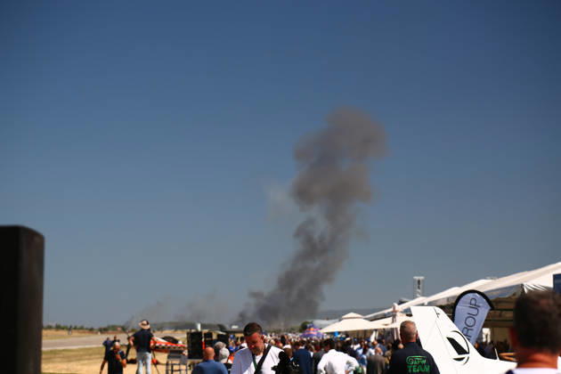 September 5, 2026, Thiva, Voiotia, Greece: Smoke rises after an F-4 Phantom fighter aircraft carrying two pilots crashed during an air show in Greece. Emergency services responded to the scene following the crash. Thiva Greece  - ZUMAx103 20260905_zip_x103_004 Copyright: xHarrisxXanthopoulosx