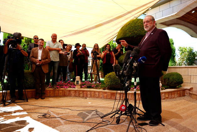 US Ambassador Mike Huckabee visits Palestinian-Americans in West Bank town of Turmus Ayya TURMUS AYYA, WEST BANK, PALESTINE - SEPTEMBER 5: U.S. Ambassador to Israel Mike Huckabee delivers a press statement during his visit to the town of Turmus Ayya, northeast of Ramallah in West Bank, Palestine, on September 5, 2026. Known for his steadfast political support of the Tel Aviv administration and illegal Israeli settlements across the West Bank, Huckabee met with Palestinian-Americans residing in the town to hear firsthand accounts of the challenges and violence they face from Israeli settler attacks targeting their properties and land before addressing members of the media. Issam Rimawi Anadolu Turmus Ayya West Bank. Editorial use only. Ple  Copyright: x2026xAnadoluxIssamxRimawix