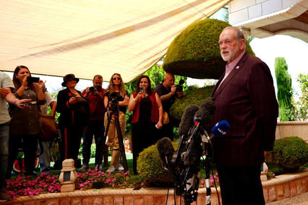 US Ambassador Mike Huckabee visits Palestinian-Americans in West Bank town of Turmus Ayya TURMUS AYYA, WEST BANK, PALESTINE - SEPTEMBER 5: U.S. Ambassador to Israel Mike Huckabee delivers a press statement during his visit to the town of Turmus Ayya, northeast of Ramallah in West Bank, Palestine, on September 5, 2026. Known for his steadfast political support of the Tel Aviv administration and illegal Israeli settlements across the West Bank, Huckabee met with Palestinian-Americans residing in the town to hear firsthand accounts of the challenges and violence they face from Israeli settler attacks targeting their properties and land before addressing members of the media. Issam Rimawi Anadolu Turmus Ayya West Bank. Editorial use only. Ple  Copyright: x2026xAnadoluxIssamxRimawix