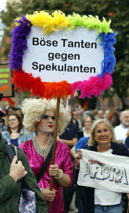 Rent Protest: A protester holding a sign reading Mean Aunts Against Speculators during a demonstration against high rents and gentrification and in favor of expropriating housing corporations; thousands of people protested in Berlin, September 5, 2026, Berlin, Berlin, Germany