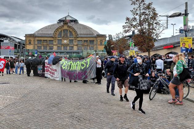 Halle an der Saale, Saxony-Anhalt, Germany, September 5, 2026. A demonstration under the slogan Stay Antifa. Participants gathered on the station plaza to protest against the far right and the AfD on the eve of the state election. Copyright: xdtsxNachrichtenagenturx dts_132762