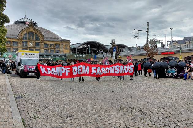 Halle an der Saale, Saxony-Anhalt, Germany, September 5, 2026. A demonstration under the slogan Stay Antifa. Participants gathered on the station plaza to protest against the far right and the AfD on the eve of the state election. Copyright: xdtsxNachrichtenagenturx dts_132764