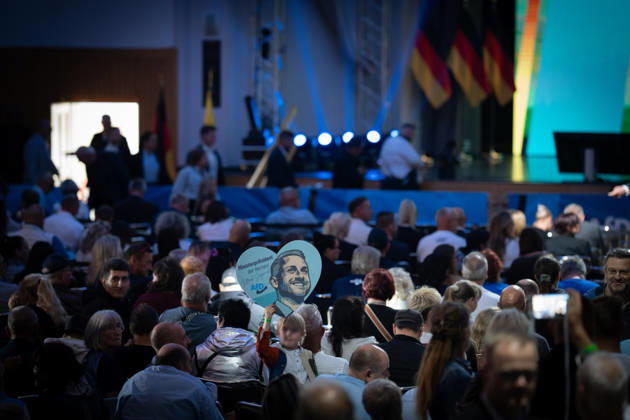 AMO Culture and Convention Center before the start of the AfD’s closing event marking the end of the state election campaign; a heart bearing the inscription Minister President of the Hearts Ulrich Siegmund; Saxony-Anhalt state election; AfD closing event in Magdeburg, Magdeburg, Saxony-Anhalt, Germany; AMO Culture and Convention Center