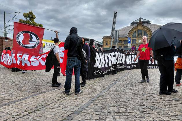 Halle an der Saale, Saxony-Anhalt, Germany, September 5, 2026: A demonstration under the slogan Stay Antifa. Participants gathered on the station plaza to demonstrate against the far right and against the AfD on the eve of the state election. Copyright: xdtsxNachrichtenagenturx dts_132766