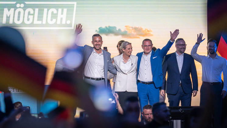 Start of the closing event featuring, among others, Ulrich Siegmung, Alice Weidel, Tino Chrupalla, and Sebastian Münzenmaier—Saxony-Anhalt state election—AfD closing event in Magdeburg, Magdeburg, Saxony-Anhalt, Germany, AMO Culture and Congress Center