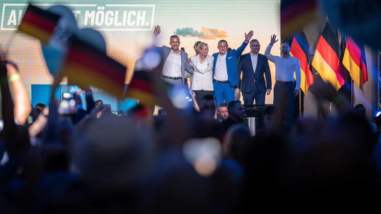 Start of the closing event featuring, among others, Ulrich Siegmung, Alice Weidel, Tino Chrupalla, and Sebastian Münzenmaier—Saxony-Anhalt state election—AfD closing event in Magdeburg, Magdeburg, Saxony-Anhalt, Germany, AMO Culture and Congress Center