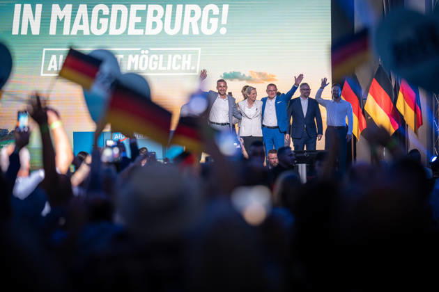 Start of the closing event featuring, among others, Ulrich Siegmung, Alice Weidel, Tino Chrupalla, and Sebastian Münzenmaier—Saxony-Anhalt state election—AfD closing event in Magdeburg, Magdeburg, Saxony-Anhalt, Germany, AMO Culture and Congress Center