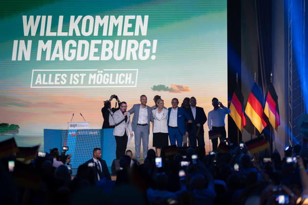 Start of the closing event featuring, among others, Ulrich Siegmung, Alice Weidel, Tino Chrupalla, and Sebastian Münzenmaier; Saxony-Anhalt State Election; AfD closing event in Magdeburg, Magdeburg, Saxony-Anhalt, Germany; AMO Culture and Convention Center