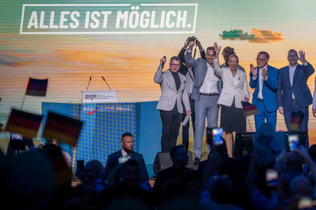 Start of the closing event featuring, among others, Ulrich Siegmung, Alice Weidel, Tino Chrupalla, Sebastian Münzenmaier, and Martin Reichardt; Saxony-Anhalt State Election; AfD closing event in Magdeburg, Magdeburg, Saxony-Anhalt, Germany; AMO Culture and Congress Center