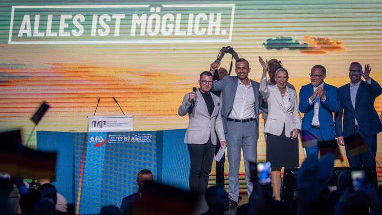 Start of the closing event featuring, among others, Ulrich Siegmung, Alice Weidel, Tino Chrupalla, Sebastian Münzenmaier, and Martin Reichardt—Saxony-Anhalt State Election—AfD closing event in Magdeburg, Magdeburg, Saxony-Anhalt, Germany, AMO Culture and Congress Center
