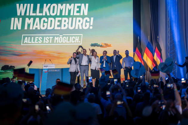 Start of the closing event featuring, among others, Ulrich Siegmung, Alice Weidel, Tino Chrupalla, Sebastian Münzenmaier, and Martin Reichardt—Saxony-Anhalt State Election—AfD closing event in Magdeburg, Magdeburg, Saxony-Anhalt, Germany, AMO Culture and Congress Center