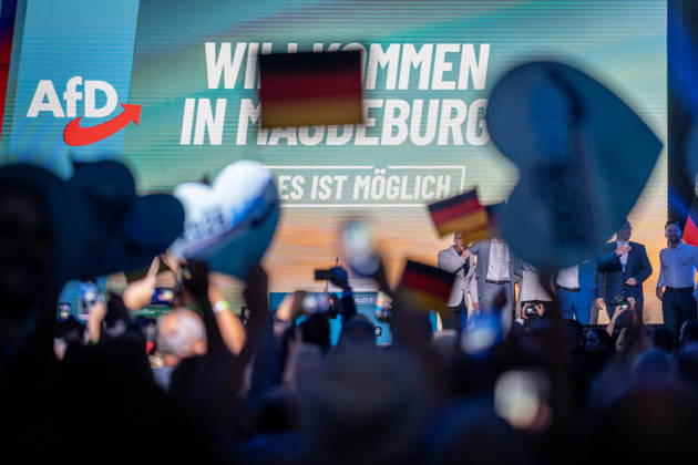View of the event hall during the Saxony-Anhalt state election closing event hosted by the AfD in Magdeburg, Magdeburg, Saxony-Anhalt, Germany, at the AMO Culture and Convention Center