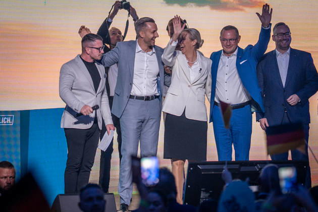 Start of the closing event featuring, among others, Ulrich Siegmung, Alice Weidel, Tino Chrupalla, Sebastian Münzenmaier, and Martin Reichardt; Saxony-Anhalt State Election; AfD closing event in Magdeburg, Magdeburg, Saxony-Anhalt, Germany; AMO Culture and Convention Center