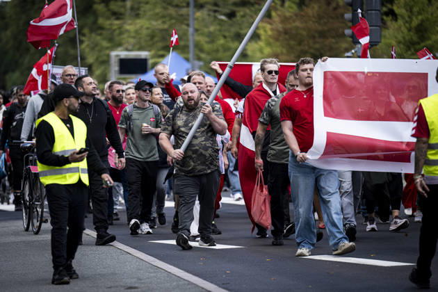 Activists from the right and left wings hold demonstrations. The group Det Danske Folk organizes a so-called remigration march and is met by a counter-demonstration organized by the Joint Initiative Against Racism and Discrimination in Østerbro, Copenhagen, on September 5, 2026. Photo: Nils Meilvang, Scanpix 2026, Copenhagen, Denmark  Copyright: NILSxMEILVANG NilsxMeilvangx spdk20260905-180134-L