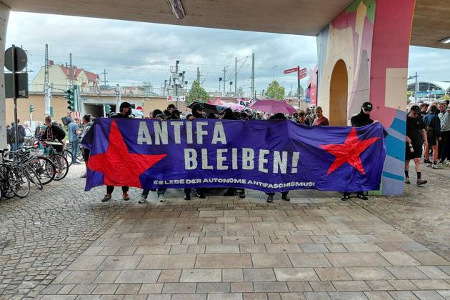 Halle an der Saale, Saxony-Anhalt, Germany, September 5, 2026: A demonstration under the slogan Stay Antifa ; participants march from the main train station to Riebeckplatz to protest against the far right and the AfD on the eve of the state election. Copyright: xdtsxNachrichtenagenturx dts_132767