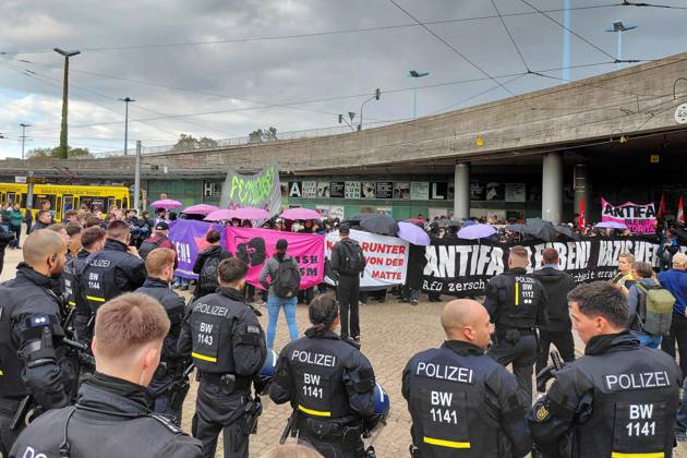 Halle an der Saale, Saxony-Anhalt, Germany, September 5, 2026: A demonstration under the slogan Stay Antifa sees participants march from the main train station to Riebeckplatz to protest against the far right and the AfD on the eve of the state election. Copyright: xdtsxNachrichtenagenturx dts_132769