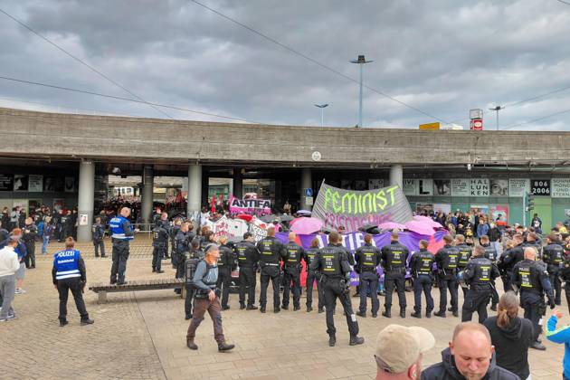 Halle an der Saale, Saxony-Anhalt, Germany, September 5, 2026: A demonstration under the slogan Stay Antifa sees participants march from the main train station to Riebeckplatz to protest against the far right and the AfD on the eve of the state election. Copyright: xdtsxNachrichtenagenturx dts_132771