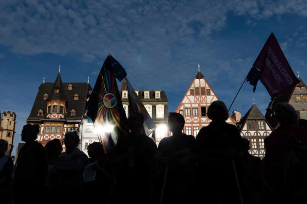 September 6, 2026, Frankfurt, Hesse, Germany: People take part in a demonstration under the slogan Protect Our Democracy from the AfD in Frankfurt am Main, Germany. The protest takes place as the far-right Alternative for Germany (AfD) wins a closely watched state election in Saxony-Anhalt, securing its strongest result ever in a German state election. Frankfurt Germany  - ZUMAb332 20260906_zip_b332_005 Copyright: xMatiasxBasualdox