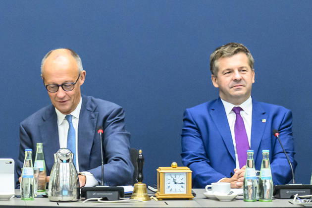 Pictured, from left: Friedrich Merz, Chancellor of the Federal Republic of Germany; Sven Schulze, a German politician who has served as Minister-President of Saxony-Anhalt since January 2026; CDU, GER, Berlin, Federal Executive Committee meeting, opening photos, September 7, 2026, Copyright: HMBxMedia UwexKoch