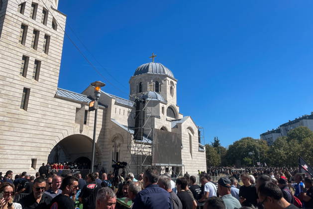 SERBIA, BELGRADE - SEPTEMBER 7, 2026: Mourners gather for a funeral service for General Ratko Mladic (1942-2026), commander of the Army of Republika Srpska in the Bosnian War, at the Church of St Luke the Holy Apostle and Evangelist. Mladic passed away in The Hague on August 27 after 15 years of his life sentence. Ivan Popov TASS  97282068