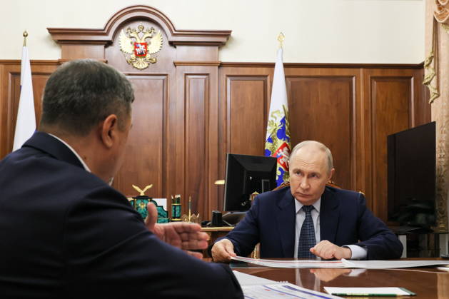 RUSSIA, MOSCOW - SEPTEMBER 7, 2026: Vladimir Putin, President of Russia, attends a meeting with Fyodor Shchukin, acting Head of the Republic of Dagestan, at the Moscow Kremlin. Mikhail Metzel Russian Presidential Press and Information Office TASS  97283474