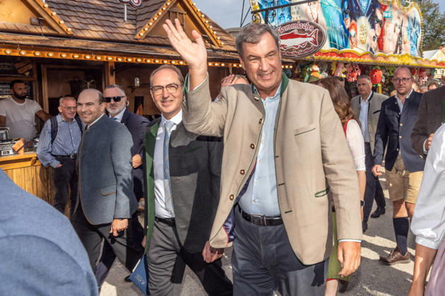 Markus Söder, Minister President of Bavaria, CSU, and Alexander Dobrindt, Federal Minister of the Interior, at the traditional political morning beer gathering at the Gillamoos folk festival in Abensberg, September 7, 2026, Germany, Abensberg, Sep