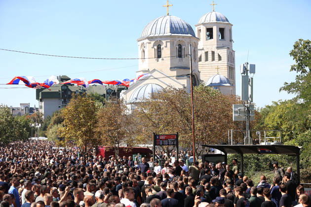 07.09.2026 Beograd Belgrade(Serbia) Politics Army war Life Funeral of Ratko Mladic ex general Republic of Srpska army during Bosnian war 1992-1995. People in front Church of St Luke the Holy Apostle