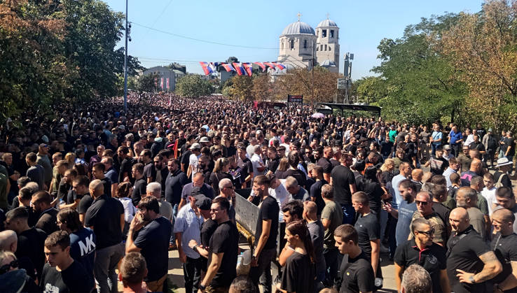 07.09.2026 Beograd Belgrade(Serbia) Politics Army war Life Funeral of Ratko Mladic ex general Republic of Srpska army during Bosnian war 1992-1995. People in front Church of St Luke the Holy Apostle