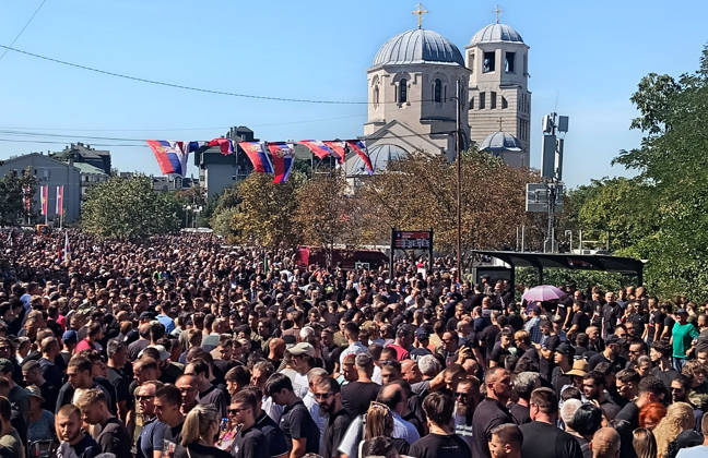 07.09.2026 Beograd Belgrade(Serbia) Politics Army war Life Funeral of Ratko Mladic ex general Republic of Srpska army during Bosnian war 1992-1995. People in front Church of St Luke the Holy Apostle
