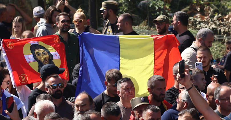 07.09.2026 Beograd Belgrade(Serbia) Politics Army war Life Funeral of Ratko Mladic ex general Republic of Srpska army during Bosnian war 1992-1995. Romanian flag