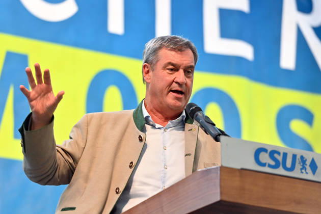 Speech by Markus SOEDER, Minister-President of Bavaria and CSU Chairman; single image, cropped close-up, half-length portrait; Political Gillamoos on September 7, 2026, in Abensberg,