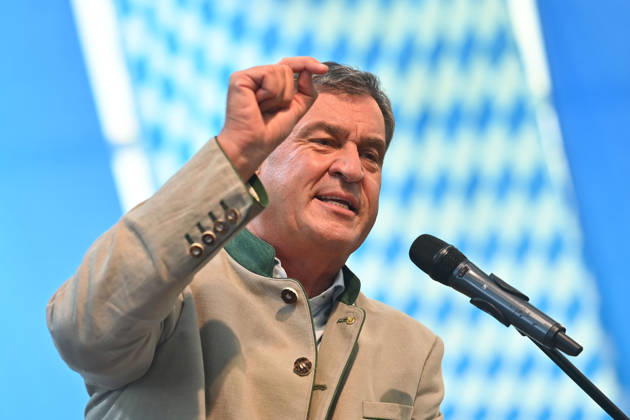Speech by Markus SOEDER, Minister-President of Bavaria and CSU Chairman; single image, cropped close-up, portrait, political portrait at the Gillamoos festival on September 7, 2026, in Abensberg,