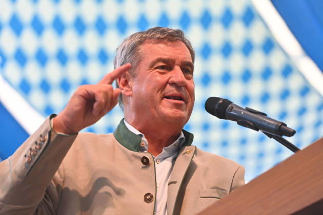 Speech by Markus SOEDER, Minister-President of Bavaria and CSU Chairman; single image, cropped shot, portrait, political portrait at the Gillamoos festival on September 7, 2026, in Abensberg,