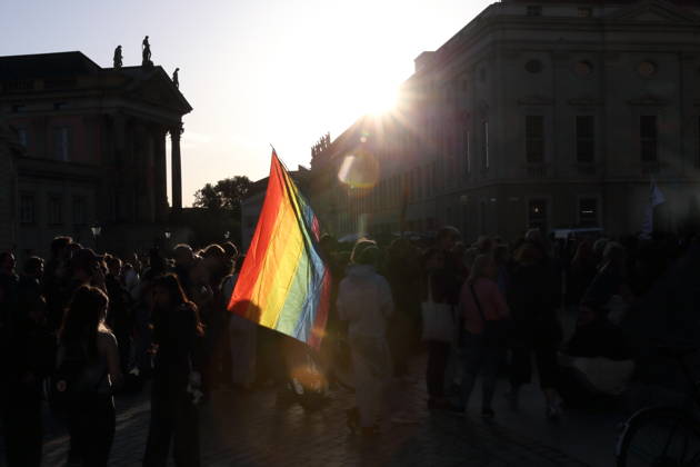 Protesters holding a rainbow flag during a rally against the Alternative for Germany (AfD) party following its victory in the state election in Saxony-Anhalt, Alter Markt, Potsdam, September 7, 2026; Rally against the AfD in Potsdam