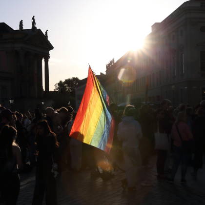Protesters holding a rainbow flag during a rally against the Alternative for Germany (AfD) party following its victory in the state election in Saxony-Anhalt, Alter Markt, Potsdam, September 7, 2026; Rally against the AfD in Potsdam